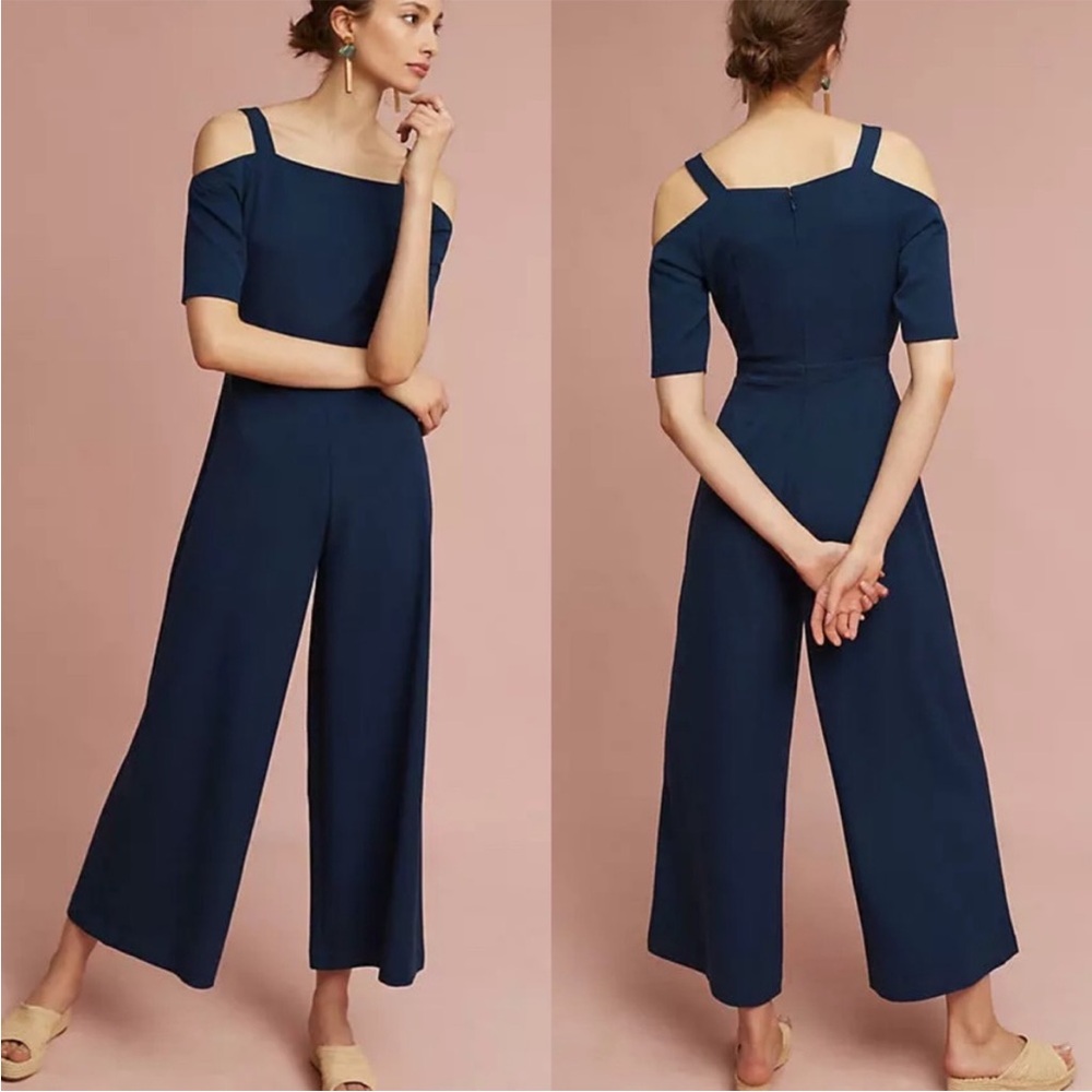 Anthropologie Seen Worn Kept Abigail Open-Shoulder Wide Leg Jumpsuit Sz 4 Blue